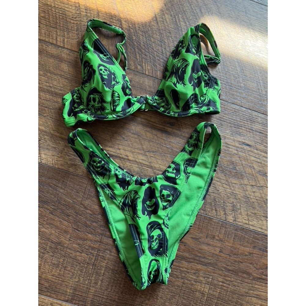 Broken Promises Green Skull/Reaper Print Bikini Set